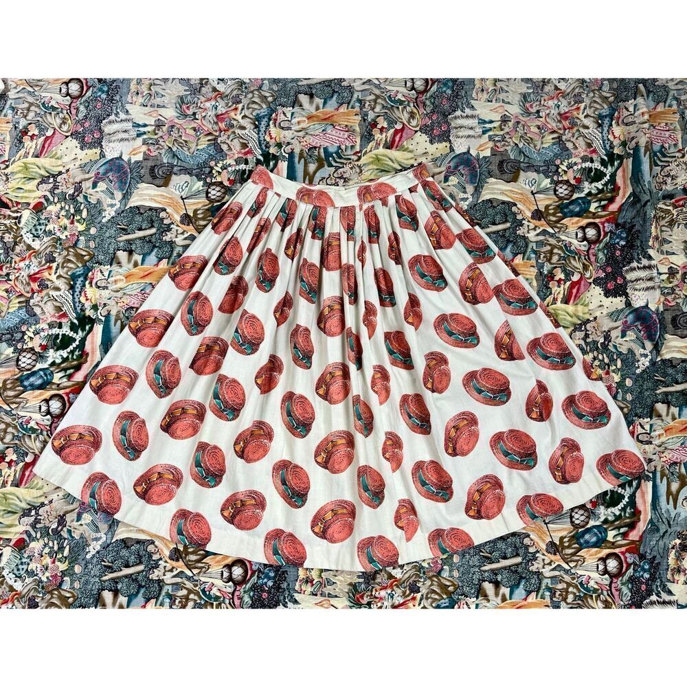 Vtg 1950s White Cotton Skirt XS Novelty Print Pink Boater Hats 25 Waist